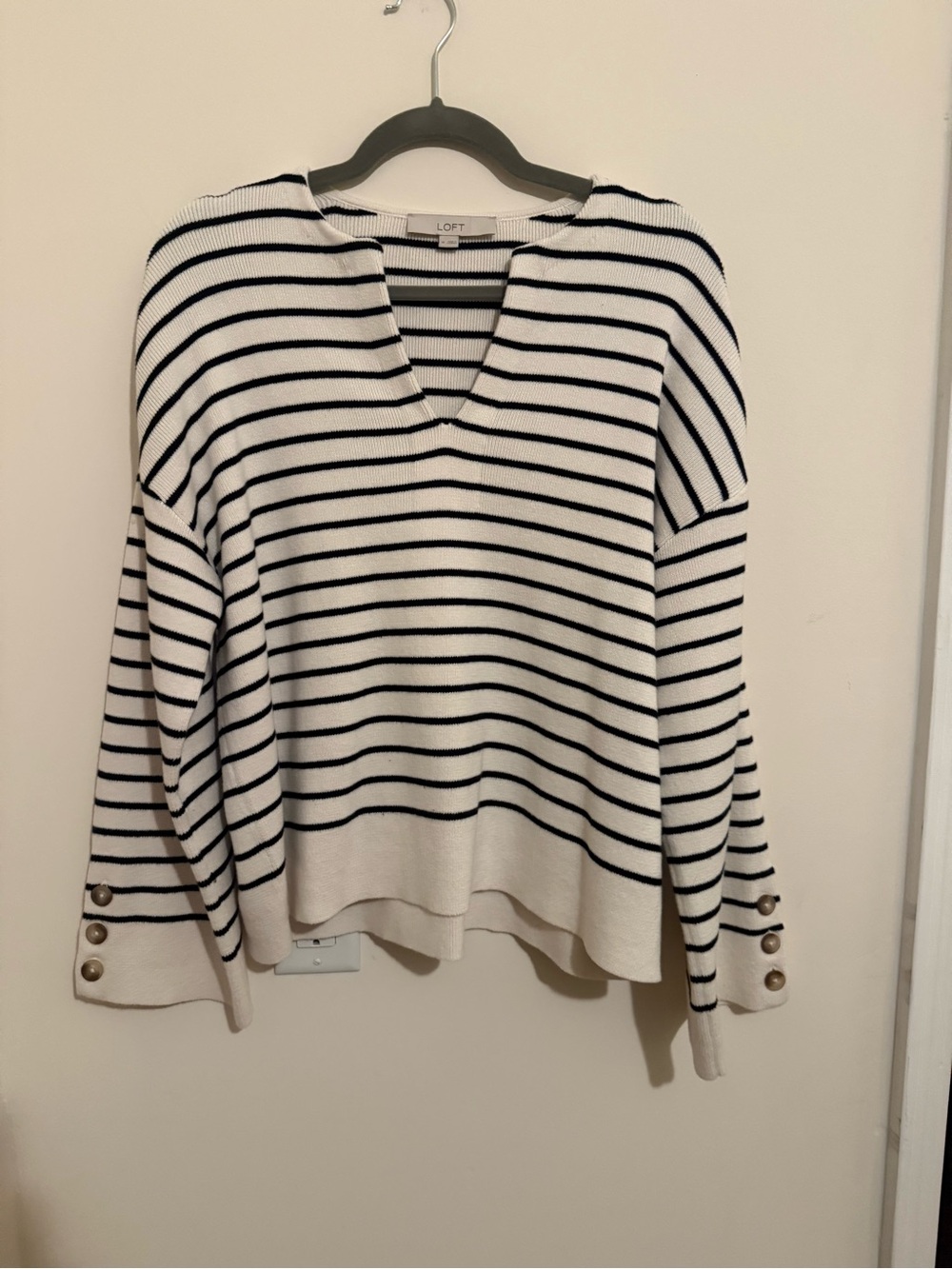 LOFT Cream and Black Striped V-Neck Sweater with Button Cuffs
